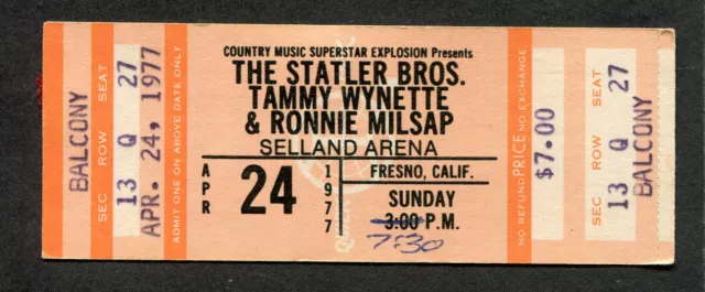 1977 Statler Bros. Tammy Wynette Milsap unused concert ticket Selland Fresno