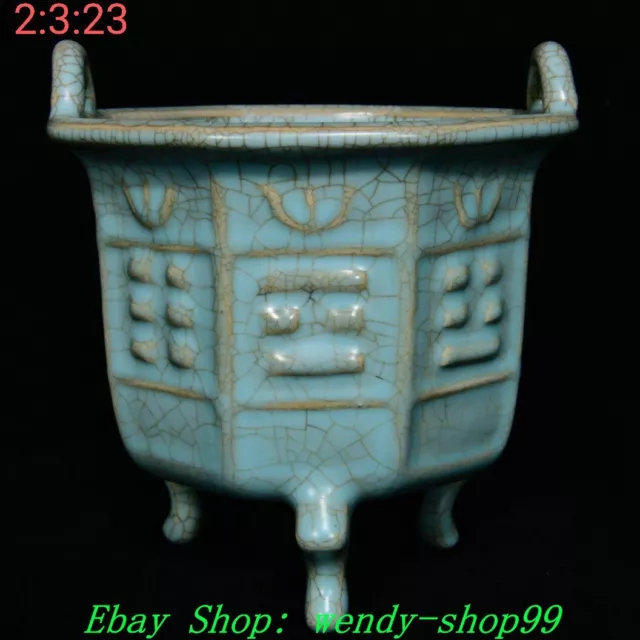5" Old Chinese Dynasty Ru Kiln Porcelain Eight Diagrams Incense Burner Censer