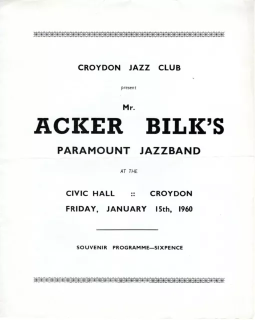 Jazz Programme Acker Bilk's Paramount Jazz Band Civic Hall Croydon 15.1.1960