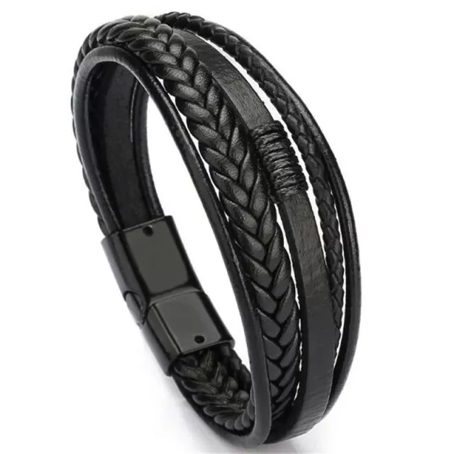 Herren Lederarmband schwarz geflochten Edelstahl Magnetverschluss Multilayer