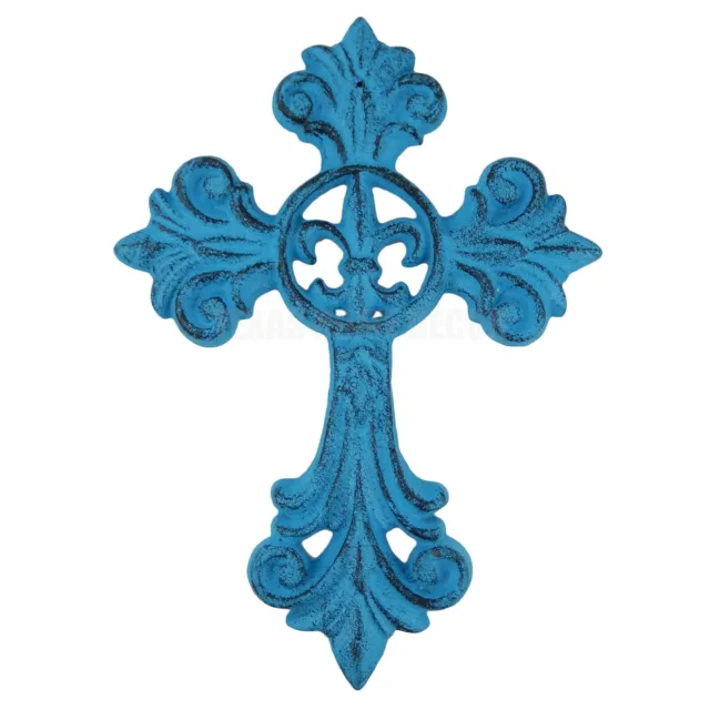 Fleur De Lis Wall Cross Cast Iron Victorian Vintage Style Rustic Blue Turquoise
