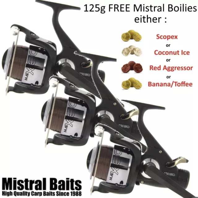 Carp Fishing Reels x3 NGT MAX60 Bait Runner Freespool and FREE BOILIES