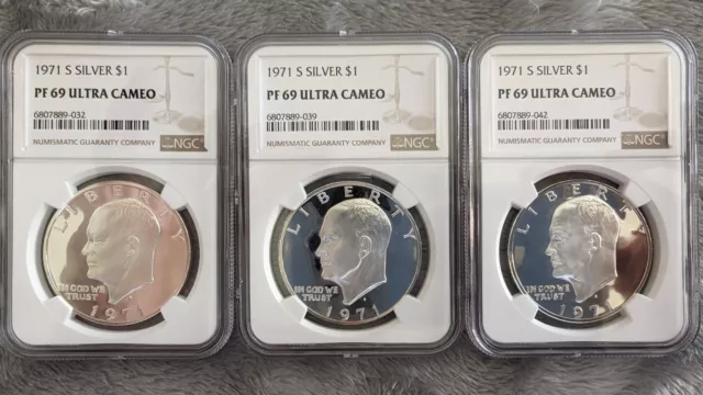 THREE (3) 1972 S $1 NGC PF69 ULTRA CAMEO PROOFS. Only 7 graded better!