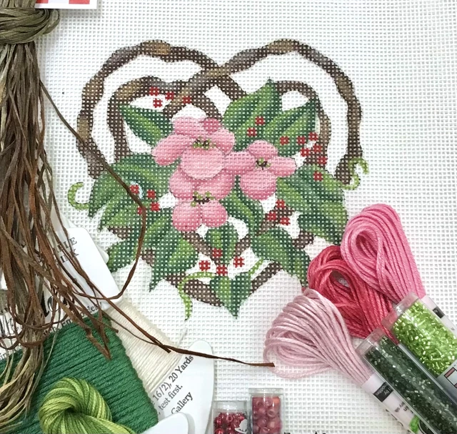 Hand painted HP Needlepoint Canvas Melissa Shirley Twig heart with flowers 4x4