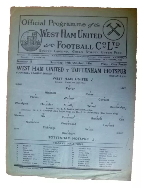 1946 West Ham United v Tottenham Hotspur League Division II - 19th October Rare
