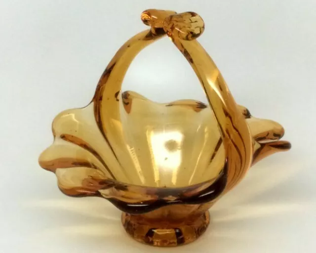 Amber Art Glass Basket with Handle Home Decor Vintage Collectible