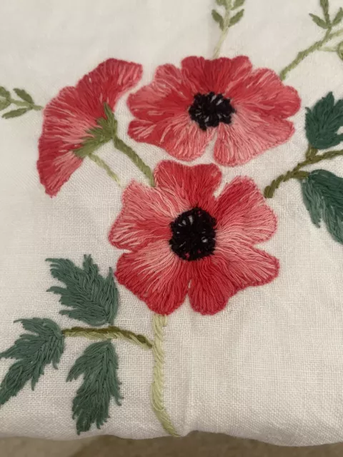 VINTAGE POPPIES Embroidered LINEN   Handmade HALL  Table Cloth With  Lace edge