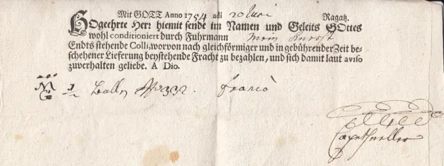 Schweiz gedruckter Fuhrmannsbrief Ragatz 1754 gel. nach Chur