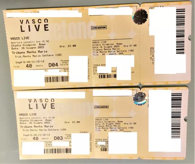 2 Biglietti Concerto Vasco Rossi 2023 / 16 giugno Roma Tribuna Monte Mario