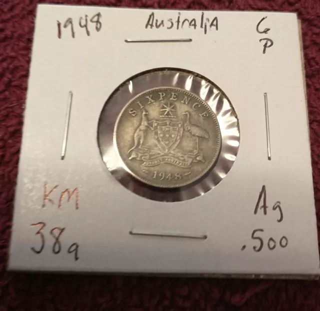 1948 Australia Sixpence 6 Pence - George VI - (VG) KM#38a - 50% Silver - 3379