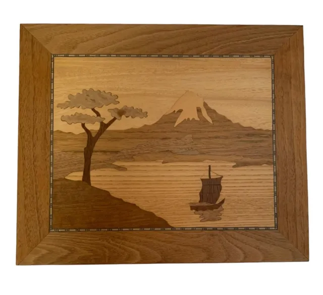 Vintage Mt Fuji Japan Scene Inlay Marquetry Wood Picture Mountain