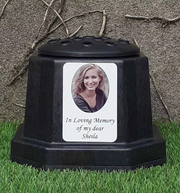 Grave Plaque Memorial Photo Rosebowl Vase Flower Holder with Personalised Plate