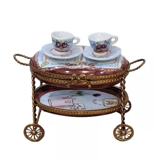 Limoges France Dubarry Tea Cart Peint A La Main Trinket Box