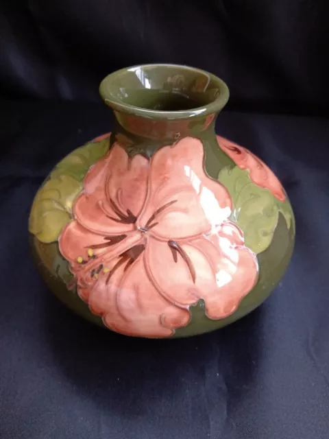 Antique MOORCROFT GREEN HIBISCUS PATTERN SQUAT VASE Hand Signed W M 108mm High