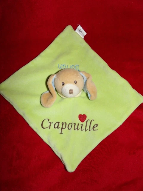 Doudou Plat SANDY Chien Beige Vert Coeur Rouge Crapouille Brodé Dorian
