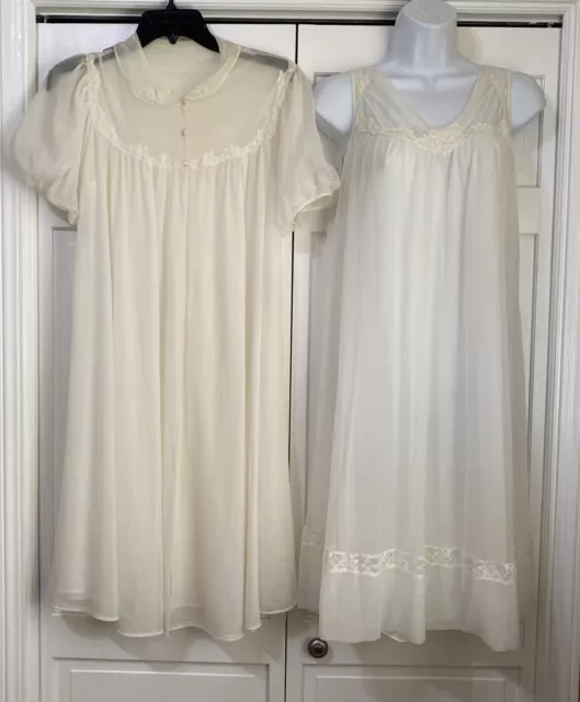 VINTAGE KAYSER IVORY Nightgown Robe Set Peignoir Nylon Chiffon Junior ...
