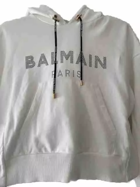 €850 Balmain Pullover Hoodie Size M Embellished Logo Drawcord Split Ham