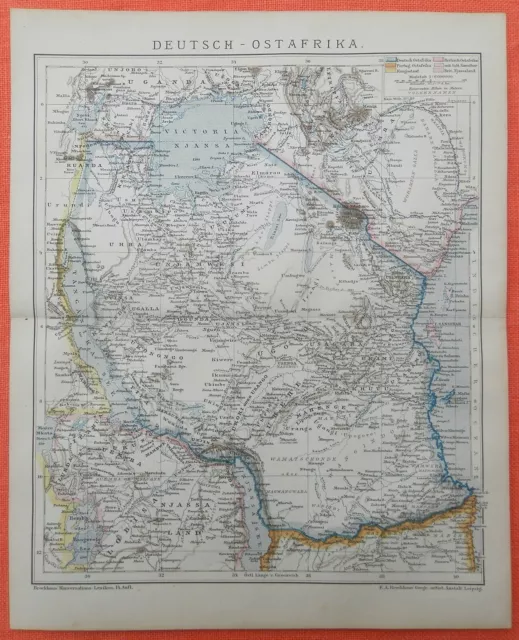 DEUTSCH-OSTAFRIKA DOA Ruanda Sansibar  Brit. Njassaland Kolonien LANDKARTE 1892