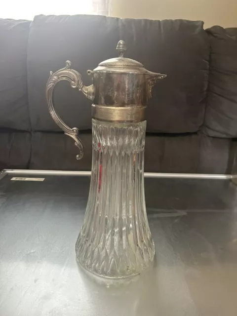 Vintage Glass and Silver Plated Wine Jug/Water Pitcher 14"