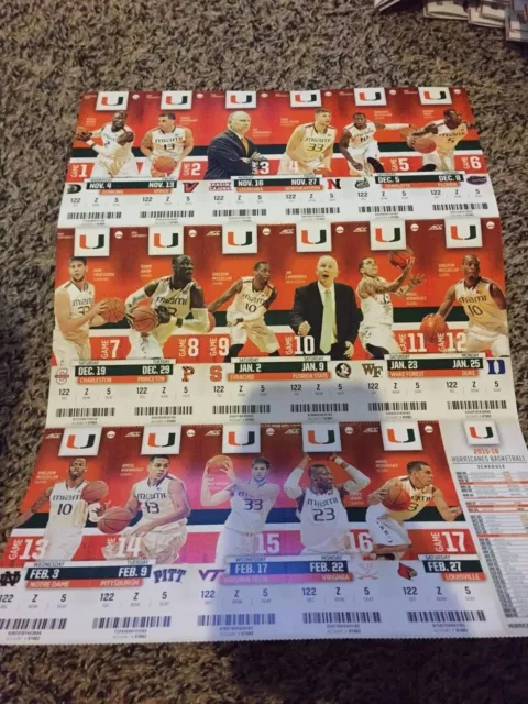 2015-16 Miami Hurricanes College Basketball Ticket Sheet Set Strip Stubs