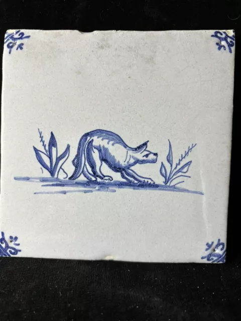 Delft Blue Tile depicting Dog With Flowers 5inch Square