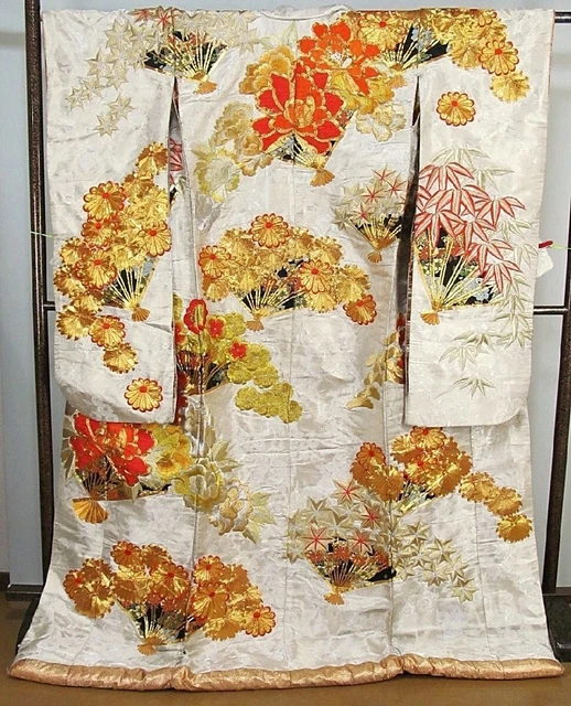 Japanese Kimono Uchikake Luxurious Wedding Pure Silk 187cm Silver Gold 1464
