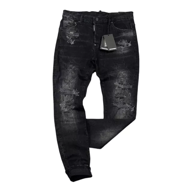 New DSQ2 Men's Black Ripped Washed Slim Fit Stretchy Jeans