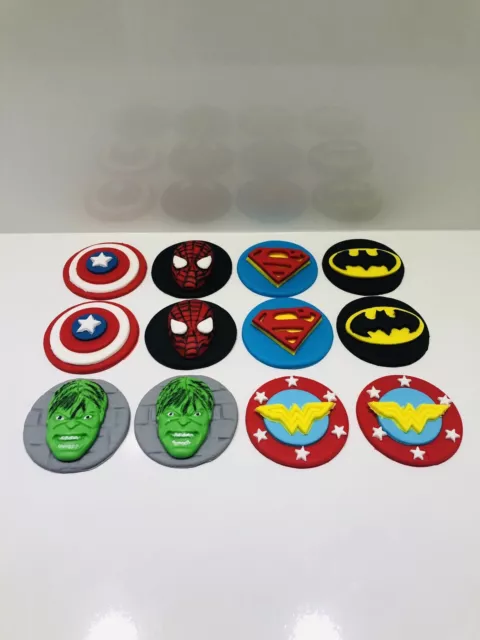 12 x SUPER HERO CUPCAKE TOPPER FONDANT, ICING SUGAR EDIBLE BIRTHDAY PARTY CAKE.