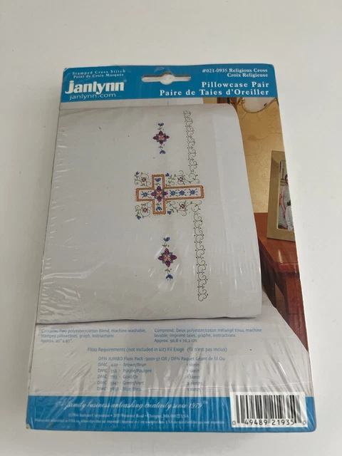 Nuevo en paquete Par de fundas de almohada ""Cruz religiosa"" Janlynn estampadas para punto de cruz
