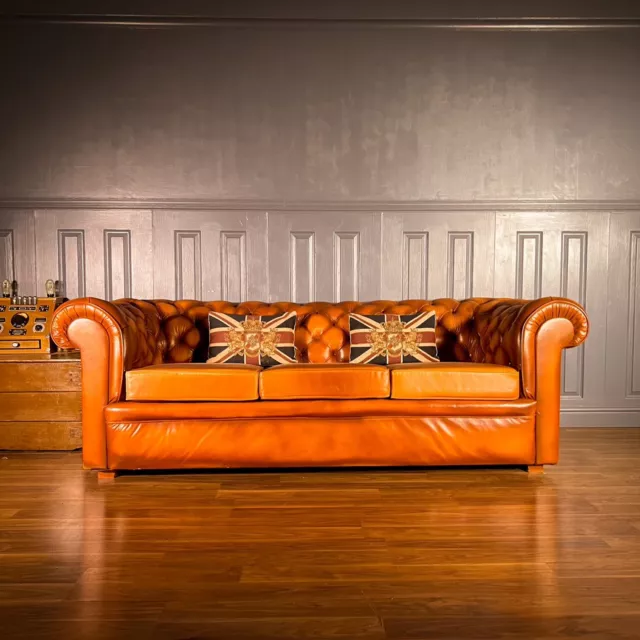 Leather 3 Seater Sofa Chesterfield Tan Vintage Brown 4 Gold Button Back Roll Set
