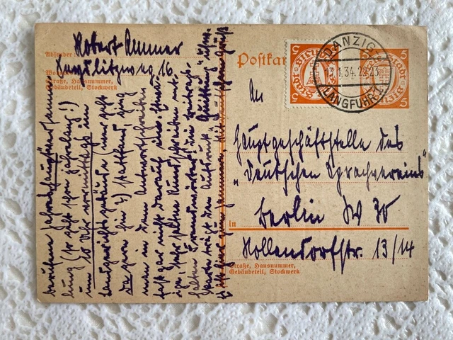 Ganzsachen Postkarte Deutsche Reich Danzig Langfuhr nach Berlin mit Zusatzporto