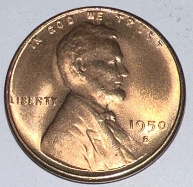 RED BU 1950-S LINCOLN WHEAT PENNY / CENT San Francisco Mint 1c ACTUAL PHOTOS A4