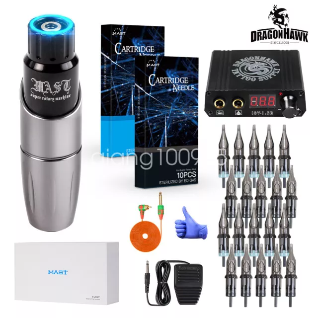 Dragonhawk MAST Tattoo Machine Set Kit Motor Rotary Pen Power Cartridges Needles