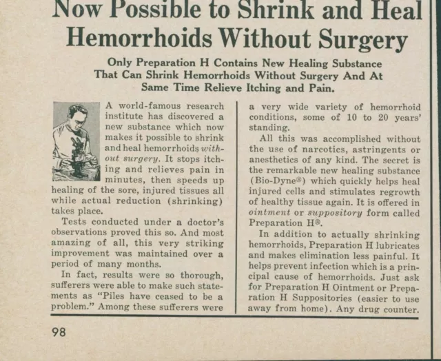 1963 Preparation H Heal Hemorrhoids Without Surgery Shrink Vintage Print Ad LO8