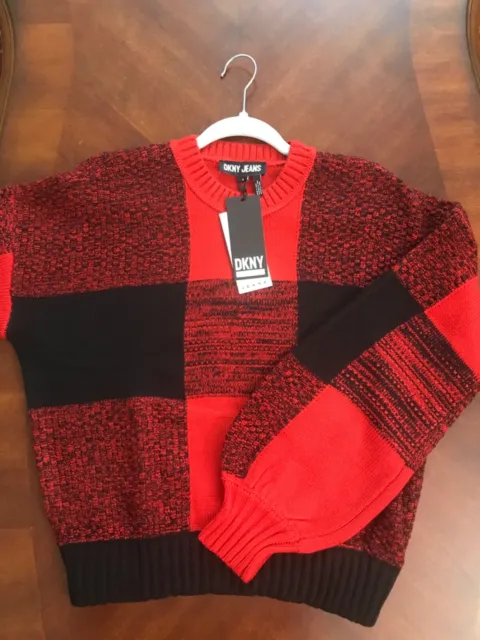 DKNY Women's Box Plaid Long-Sleeve Pullover Sweater NWT Size M Black and Red