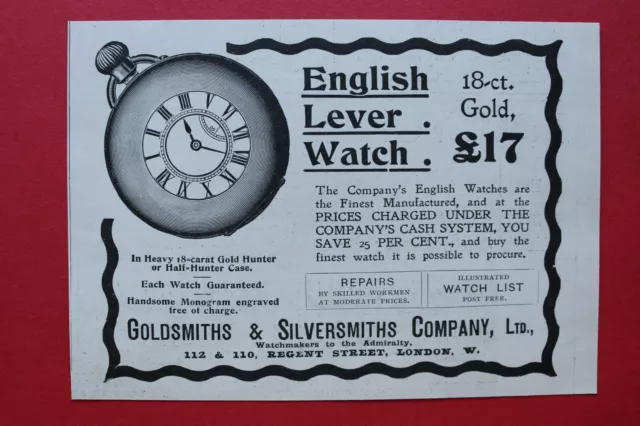 WL12e) Werbung Goldsmiths & Silversmiths Co 1905 Lever Watch Uhr London England