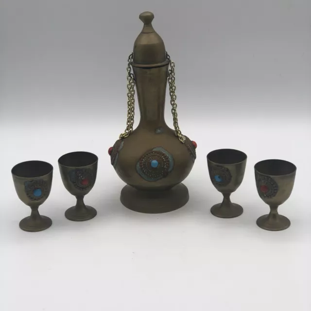 Ornate Brass Middle Eastern Turkish Arabic Decanter Cordial Set Stones