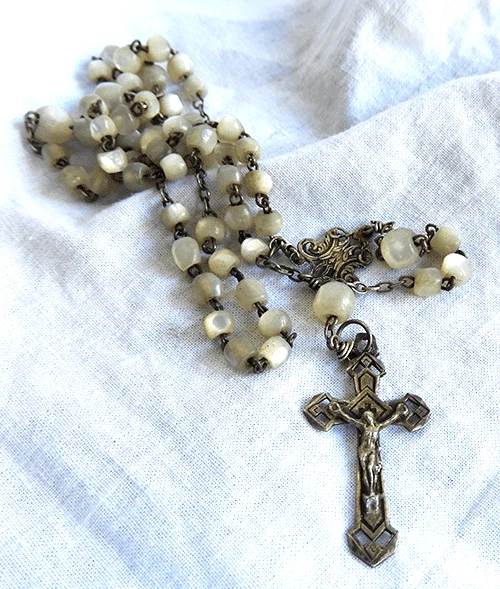 Antique Mother of Pearl and Silver Rosary - Set of Rosary Beads c 1900