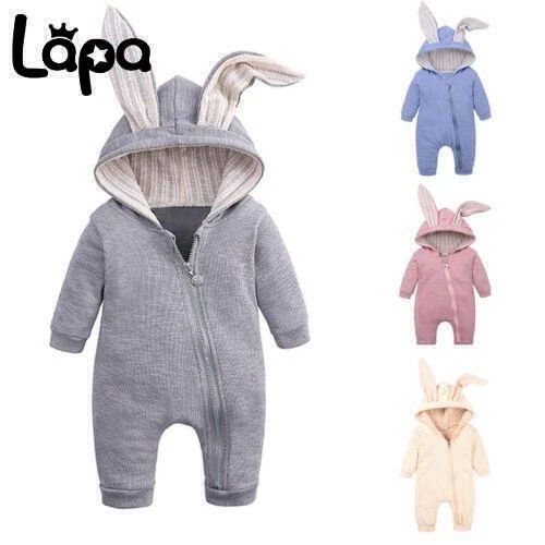 Newborn Baby Boy Girls Rabbit Ear Hooded Zip Up Bodysuit Romper Jumpsuit Clothes