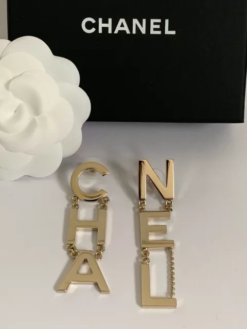 Chanel 22C Gold Heart Pearly White CC Logo Large Dangle Drop Statement  Earrings