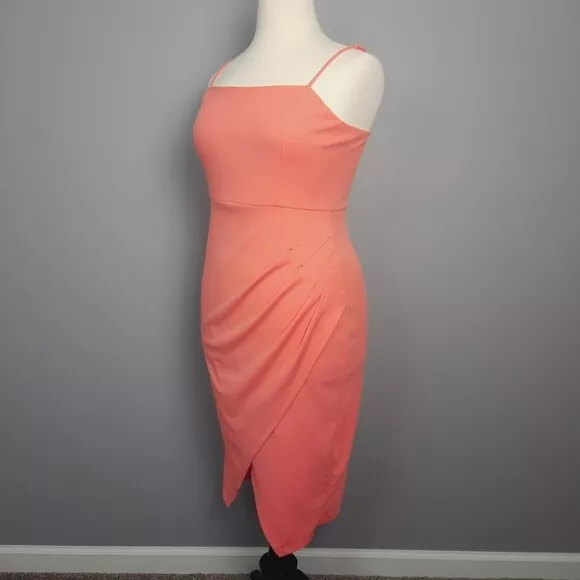 Laundry by Shelli Segal  Ruched Midi Dress Tulip Hem Coral Stretch Lined MWT$149 2