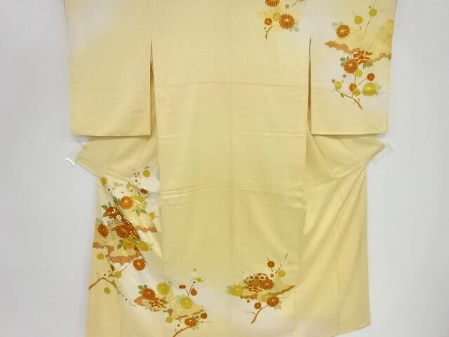 41742# Japanese Kimono / Antique Kimono / Embroidery / Cloud & Kiku With Ume