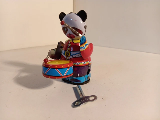Ours panda à tambour en métal à remonter - Jouet de collection rétro