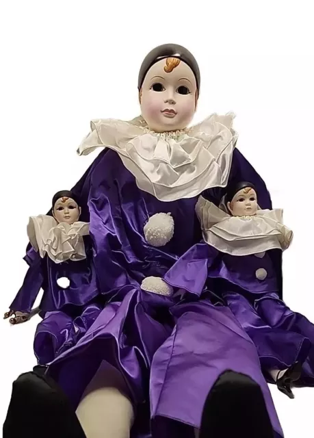 Lot Of 3 Vintage Pierrot Harlequin Jester Clown Porcelain & Satin Dolls, Purple