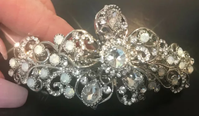 New Silver Floral With Clear Crystal &Opals 3 1/2'' Hair Barrette- Lever Back