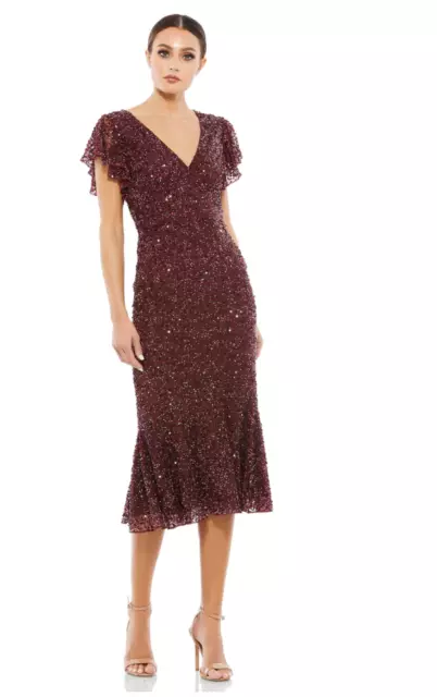 MAC DUGGAL Womens Sequined V Neck Flutter Cap Sleeve Trumpet Dress Garnet 18 New