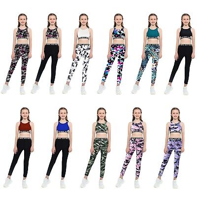 Kids Girls Sports Athletic Dance Outfit Workout Yoga Tops + Leggings Activewear
