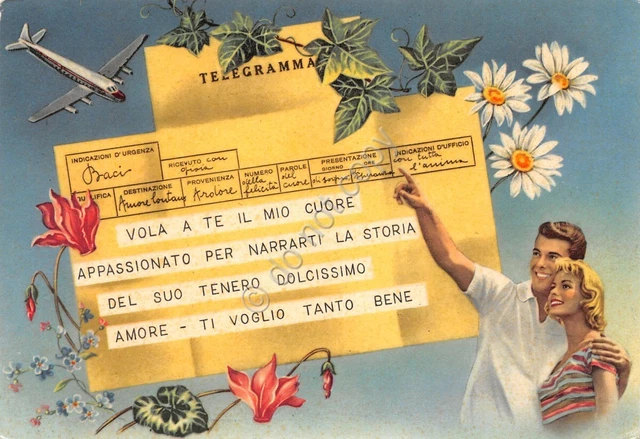 Cartolina Innamorati telegramma con coppia aereo fiori amore 1964