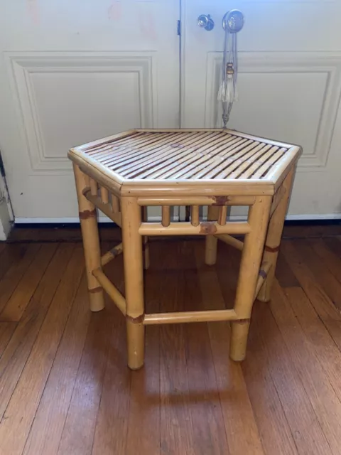 Vintage Retro Bamboo Cane Natural Hexagonal Side Occasional Table,Plant Stand.