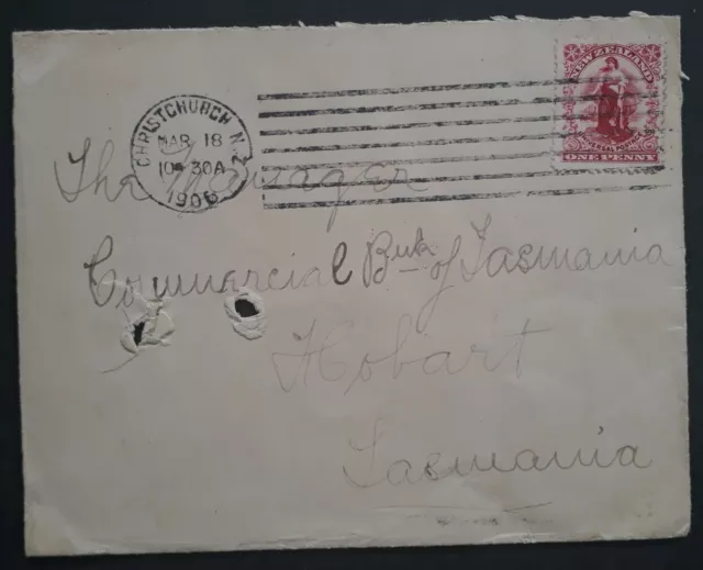 SCARCE 1906 New Zealand Cover ties 1d stamp cancelled Christchurch to Tasmania